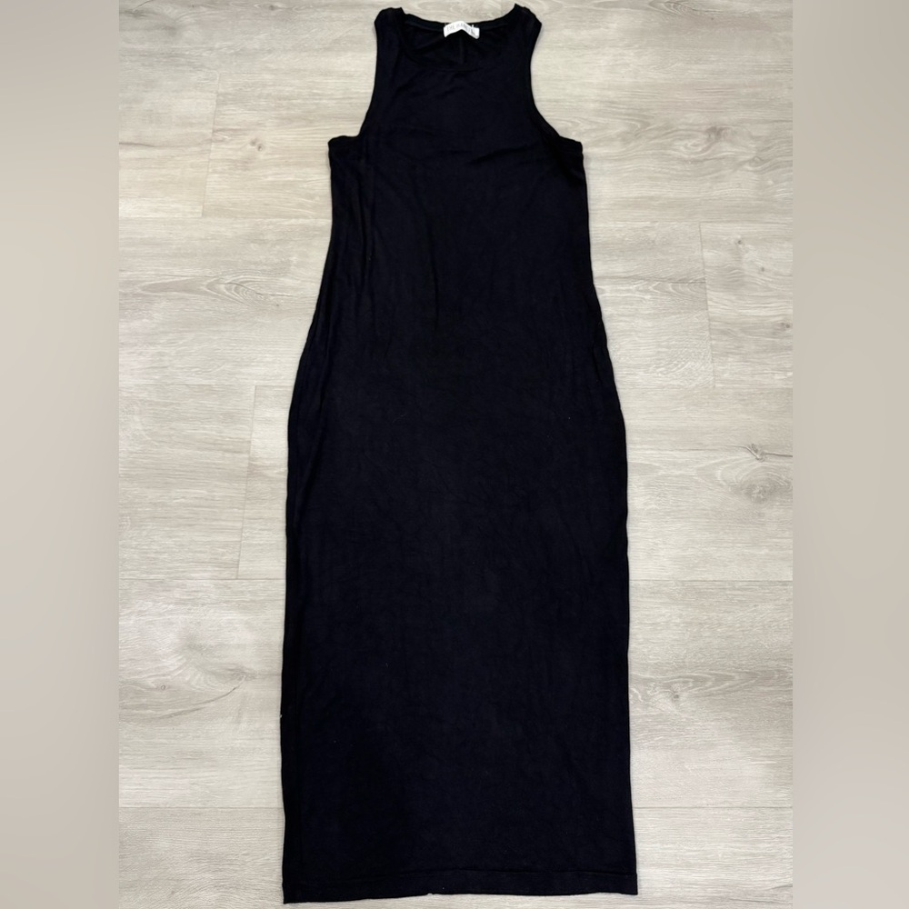 THE HANGER Black Bodycon Cotton Dress MIDI With Sexy Back Slit - S